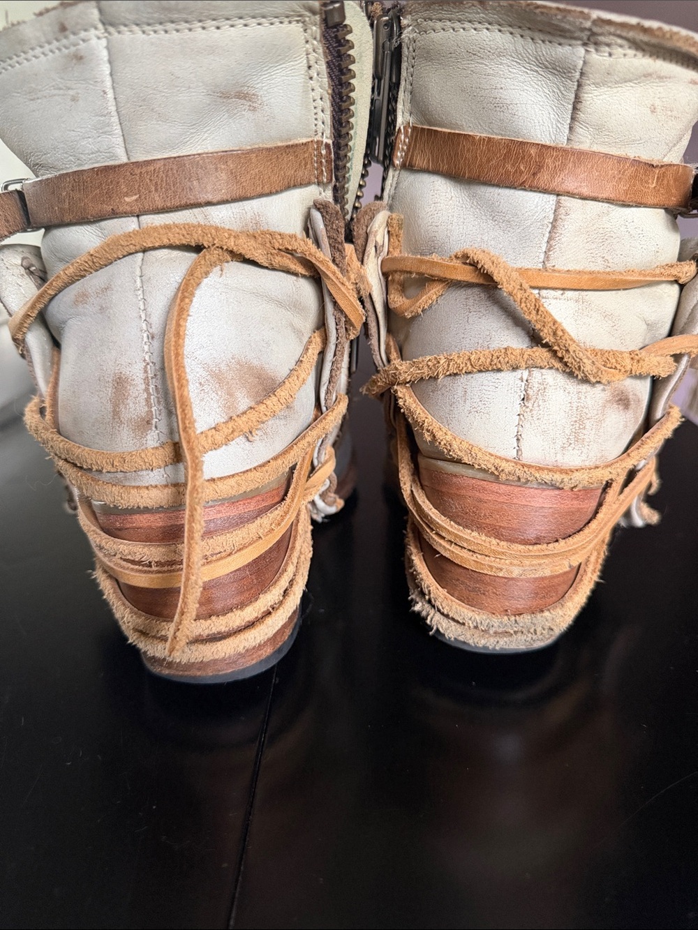 Ivory Leather Ankle Boots with Brown Strap Details - Picture 2 of 6